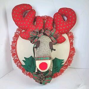 Vintage Sock Monkey Reindeer Rudolph Wreath Kitschy Christmas Wall Decor Unique